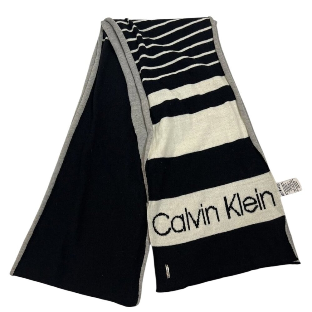 Scarf Knit Logo Reversible Unisex Black Gray Stripe Acrylic Calvin Klein Winter